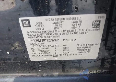 2015 Chevrolet Silverado 1500 Wt from USA, damaged, VIN 1GCRCPEH7FZ332902